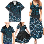 Adelaide Strikers Cricket Mascot Family Matching Summer Maxi Dress and Hawaiian Shirt Aboriginal Dot Art Blue And Black Tribal Pattern