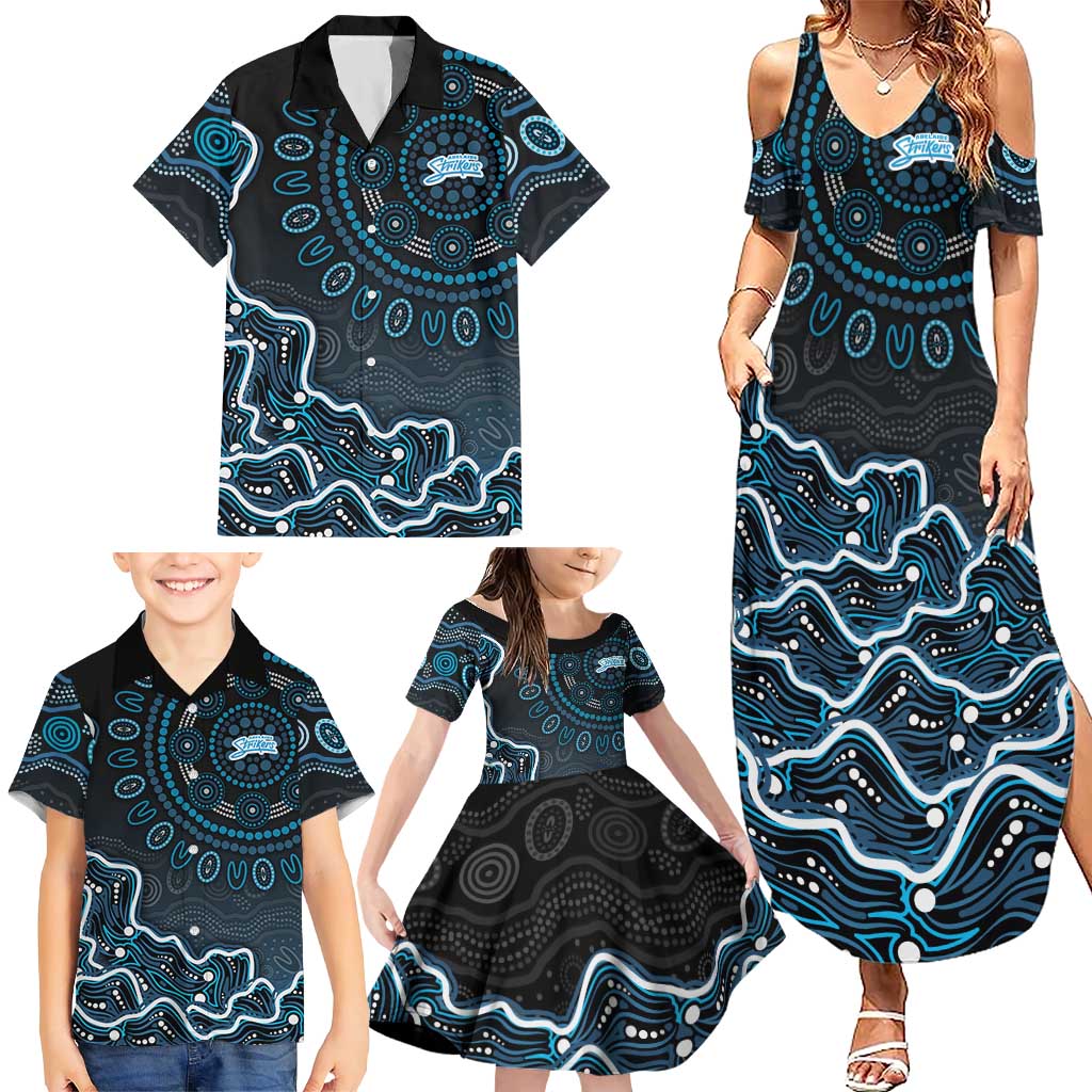 Adelaide Strikers Cricket Mascot Family Matching Summer Maxi Dress and Hawaiian Shirt Aboriginal Dot Art Blue And Black Tribal Pattern