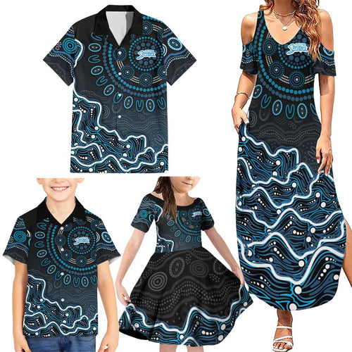 Adelaide Strikers Cricket Mascot Family Matching Summer Maxi Dress and Hawaiian Shirt Aboriginal Dot Art Blue And Black Tribal Pattern