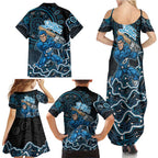Adelaide Strikers Cricket Mascot Family Matching Summer Maxi Dress and Hawaiian Shirt Aboriginal Dot Art Blue And Black Tribal Pattern