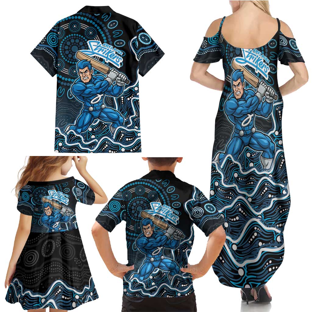 Adelaide Strikers Cricket Mascot Family Matching Summer Maxi Dress and Hawaiian Shirt Aboriginal Dot Art Blue And Black Tribal Pattern