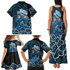Adelaide Strikers Cricket Mascot Family Matching Tank Maxi Dress and Hawaiian Shirt Aboriginal Dot Art Blue And Black Tribal Pattern
