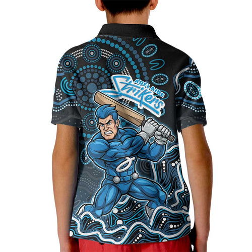 Adelaide Strikers Cricket Mascot Kid Polo Shirt Aboriginal Dot Art Blue And Black Tribal Pattern