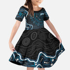 Adelaide Strikers Cricket Mascot Kid Short Sleeve Dress Aboriginal Dot Art Blue And Black Tribal Pattern