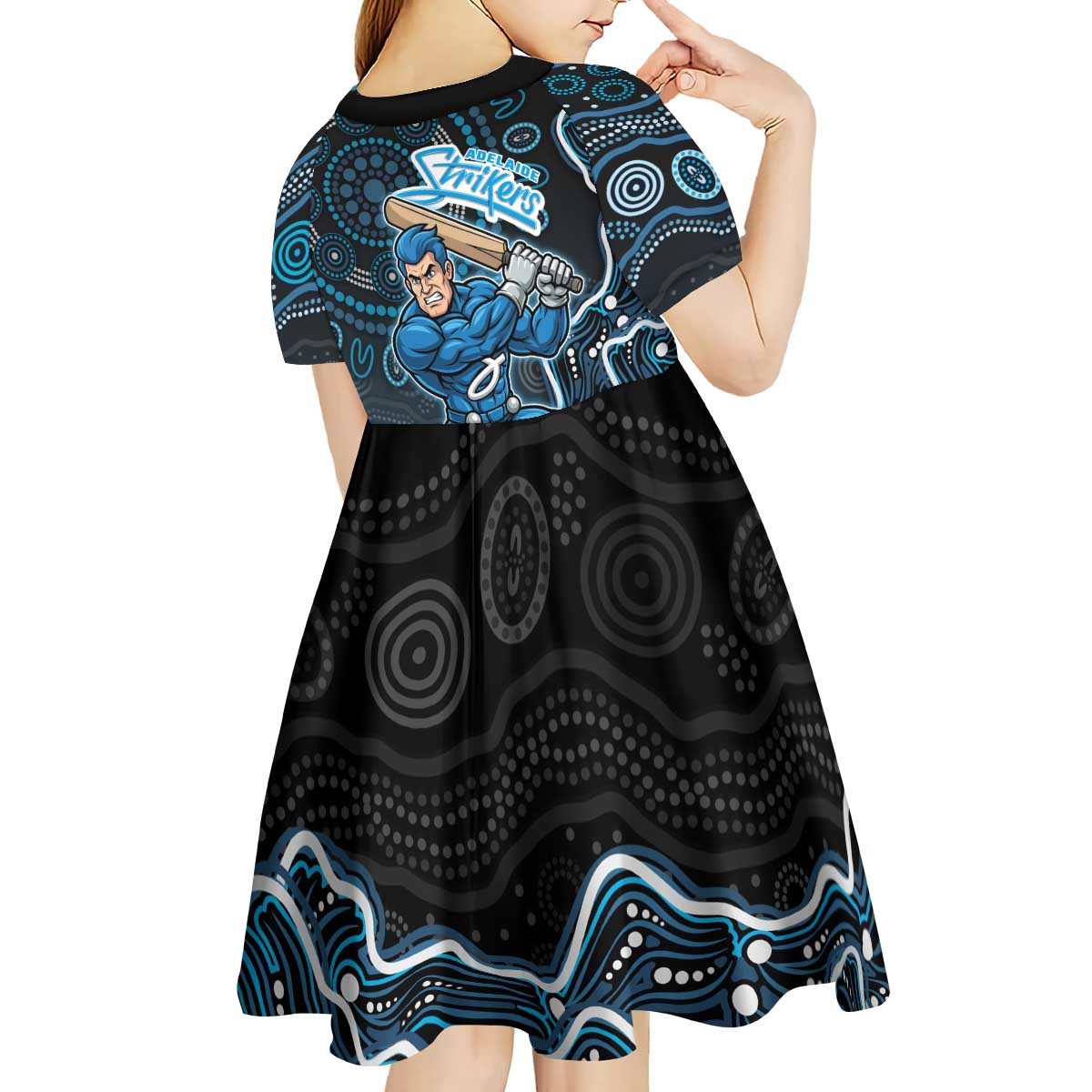 Adelaide Strikers Cricket Mascot Kid Short Sleeve Dress Aboriginal Dot Art Blue And Black Tribal Pattern