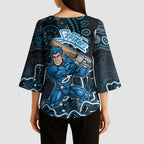 Adelaide Strikers Cricket Mascot Kimono Sleeve Blouse Aboriginal Dot Art Blue And Black Tribal Pattern