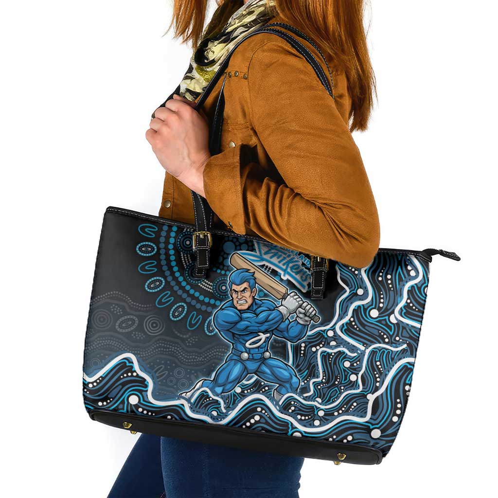 Adelaide Strikers Cricket Mascot Leather Tote Bag Aboriginal Dot Art Blue And Black Tribal Pattern