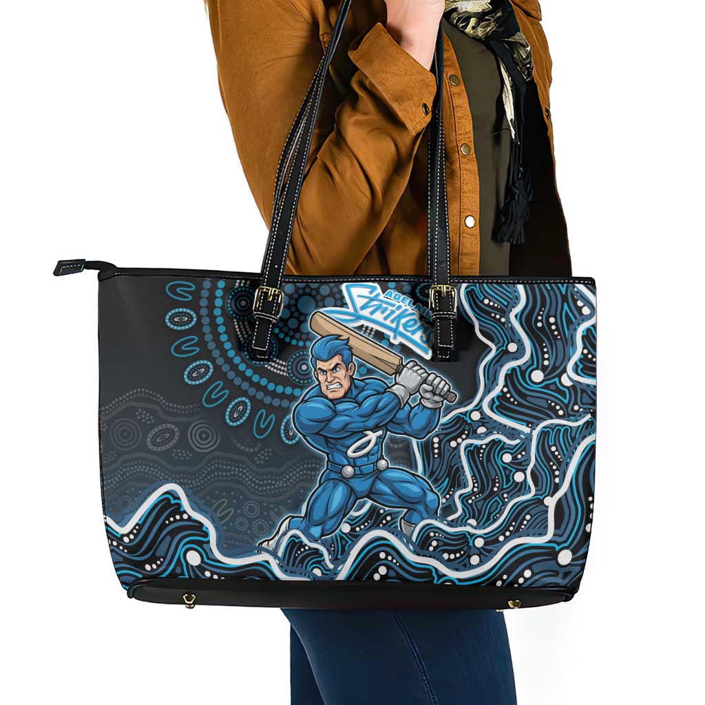 Adelaide Strikers Cricket Mascot Leather Tote Bag Aboriginal Dot Art Blue And Black Tribal Pattern
