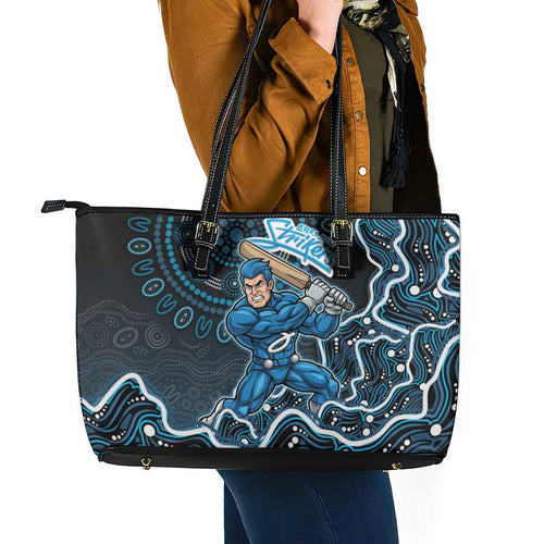 Adelaide Strikers Cricket Mascot Leather Tote Bag Aboriginal Dot Art Blue And Black Tribal Pattern