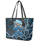 Adelaide Strikers Cricket Mascot Leather Tote Bag Aboriginal Dot Art Blue And Black Tribal Pattern