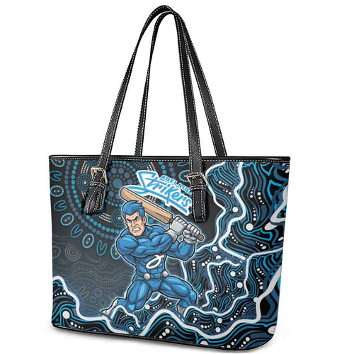 Adelaide Strikers Cricket Mascot Leather Tote Bag Aboriginal Dot Art Blue And Black Tribal Pattern