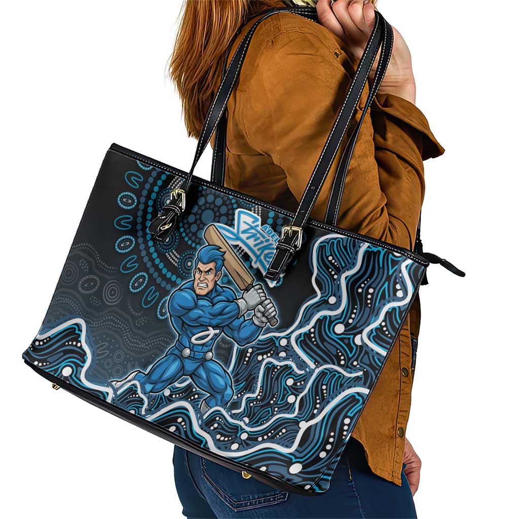 Adelaide Strikers Cricket Mascot Leather Tote Bag Aboriginal Dot Art Blue And Black Tribal Pattern