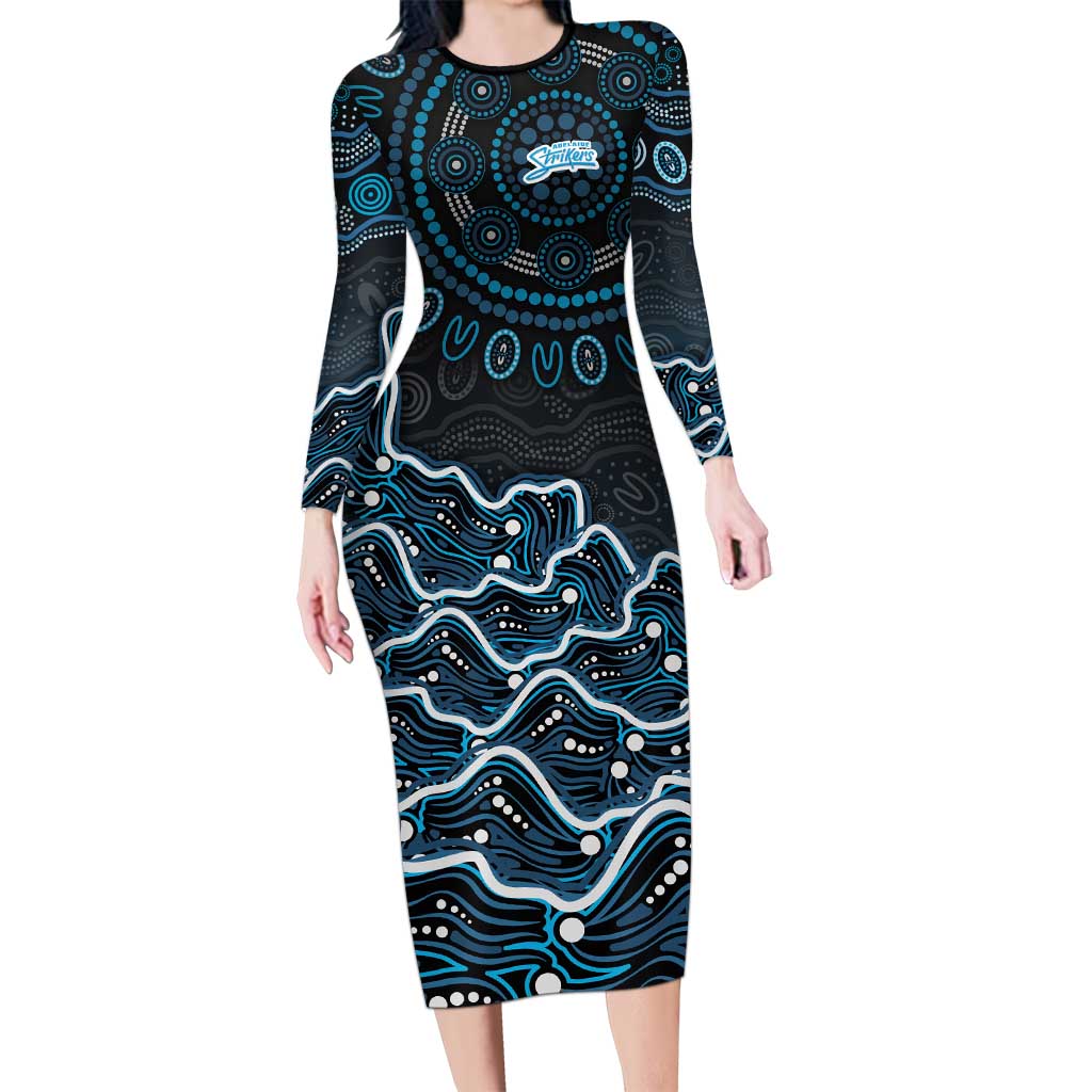Adelaide Strikers Cricket Mascot Long Sleeve Bodycon Dress Aboriginal Dot Art Blue And Black Tribal Pattern