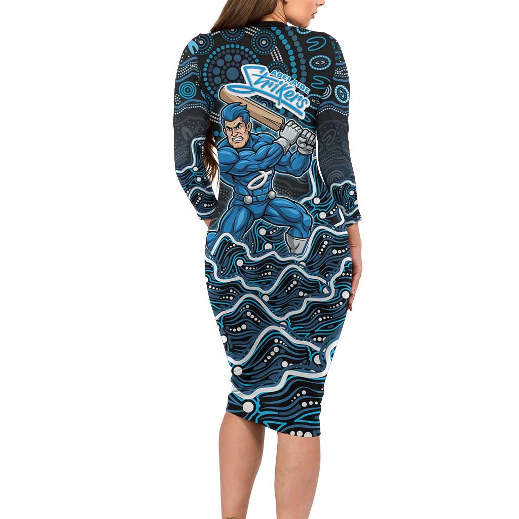 Adelaide Strikers Cricket Mascot Long Sleeve Bodycon Dress Aboriginal Dot Art Blue And Black Tribal Pattern