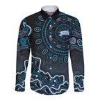 Adelaide Strikers Cricket Mascot Long Sleeve Button Shirt Aboriginal Dot Art Blue And Black Tribal Pattern