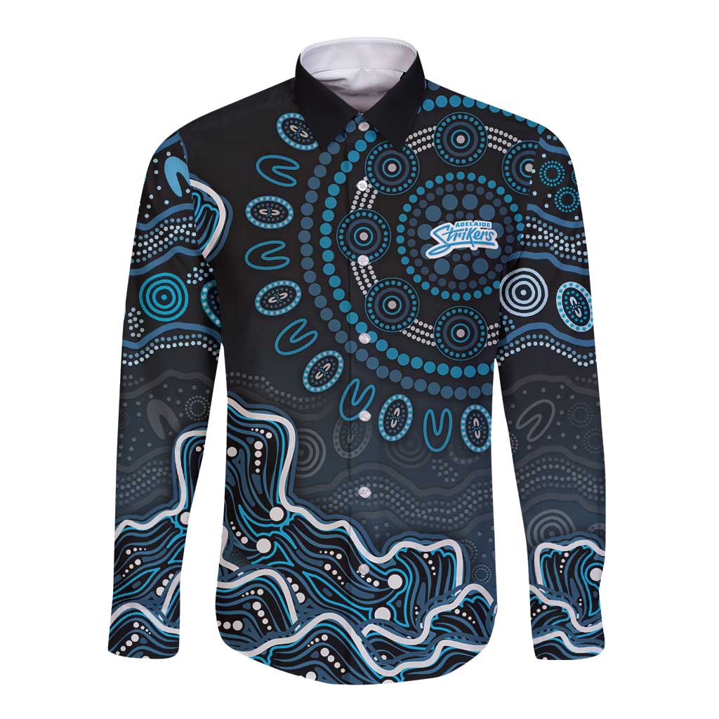 Adelaide Strikers Cricket Mascot Long Sleeve Button Shirt Aboriginal Dot Art Blue And Black Tribal Pattern