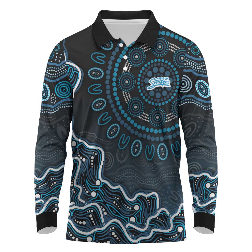Adelaide Strikers Cricket Mascot Long Sleeve Polo Shirt Aboriginal Dot Art Blue And Black Tribal Pattern