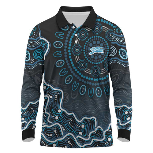 Adelaide Strikers Cricket Mascot Long Sleeve Polo Shirt Aboriginal Dot Art Blue And Black Tribal Pattern