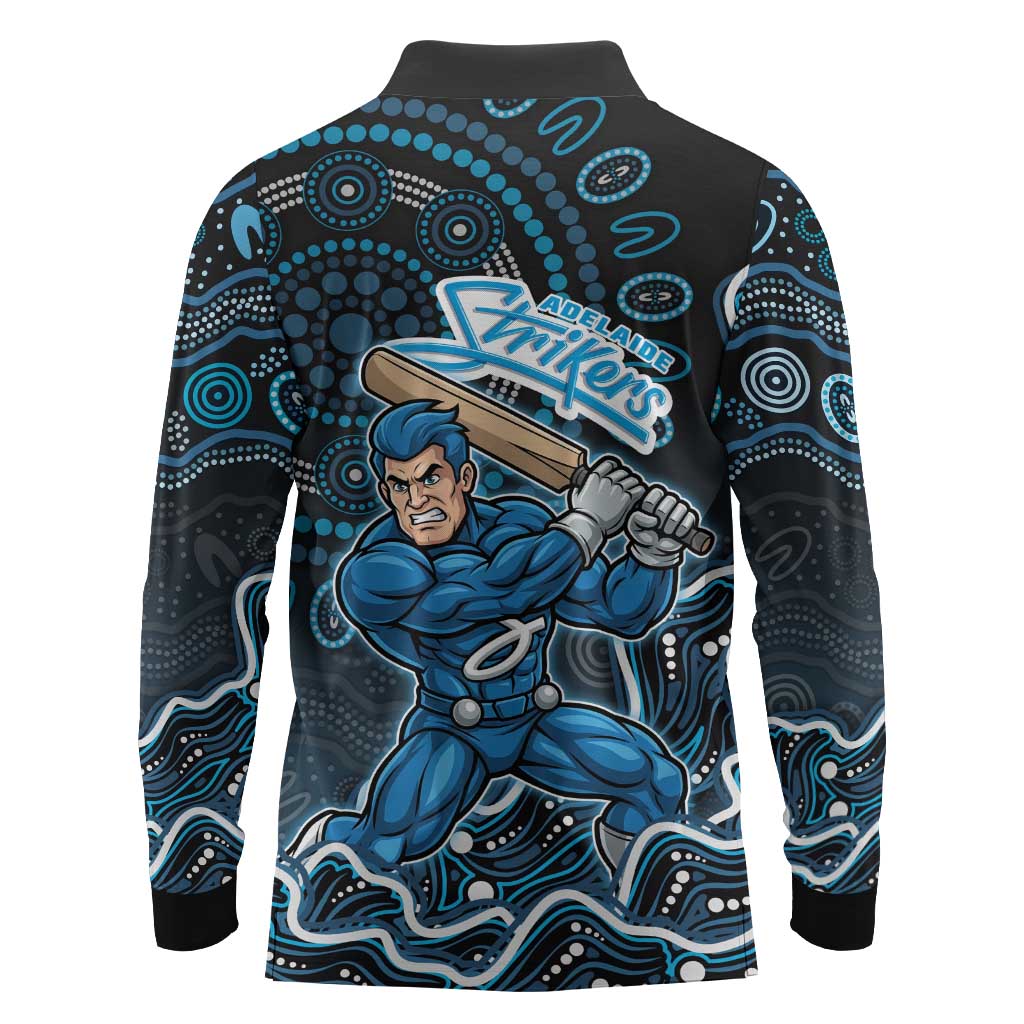 Adelaide Strikers Cricket Mascot Long Sleeve Polo Shirt Aboriginal Dot Art Blue And Black Tribal Pattern