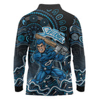 Adelaide Strikers Cricket Mascot Long Sleeve Polo Shirt Aboriginal Dot Art Blue And Black Tribal Pattern