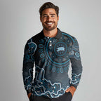 Adelaide Strikers Cricket Mascot Long Sleeve Polo Shirt Aboriginal Dot Art Blue And Black Tribal Pattern