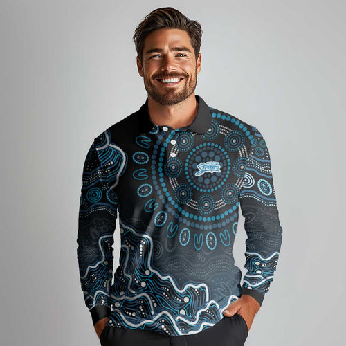 Adelaide Strikers Cricket Mascot Long Sleeve Polo Shirt Aboriginal Dot Art Blue And Black Tribal Pattern