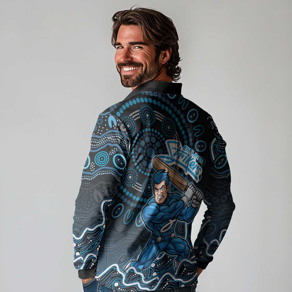 Adelaide Strikers Cricket Mascot Long Sleeve Polo Shirt Aboriginal Dot Art Blue And Black Tribal Pattern
