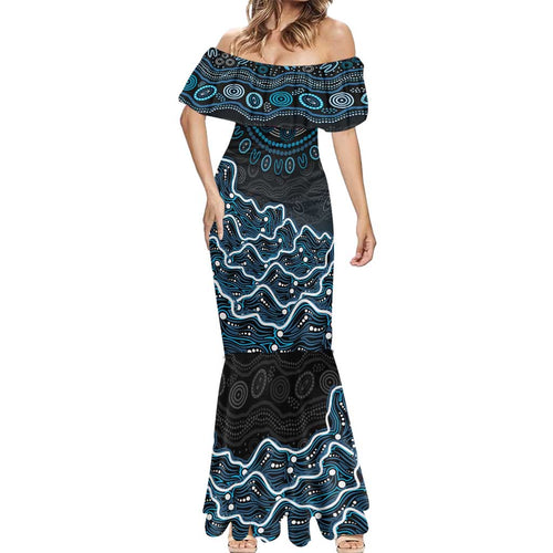 Adelaide Strikers Cricket Mascot Mermaid Dress Aboriginal Dot Art Blue And Black Tribal Pattern
