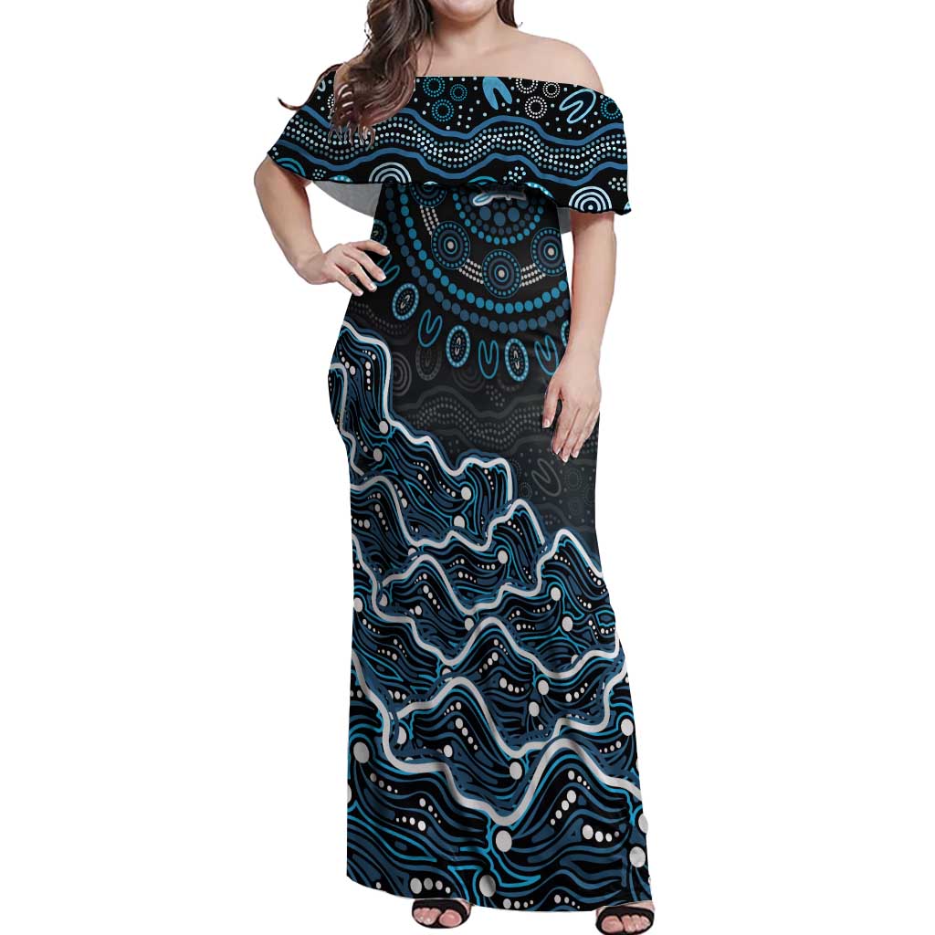 Adelaide Strikers Cricket Mascot Off Shoulder Maxi Dress Aboriginal Dot Art Blue And Black Tribal Pattern