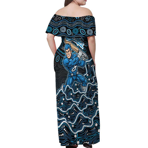 Adelaide Strikers Cricket Mascot Off Shoulder Maxi Dress Aboriginal Dot Art Blue And Black Tribal Pattern