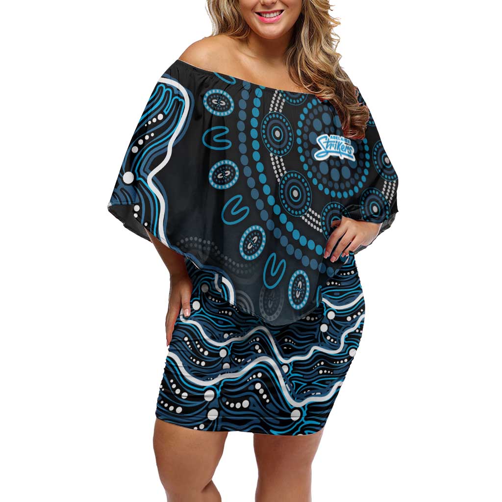 Adelaide Strikers Cricket Mascot Off Shoulder Short Dress Aboriginal Dot Art Blue And Black Tribal Pattern