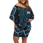 Adelaide Strikers Cricket Mascot Off Shoulder Short Dress Aboriginal Dot Art Blue And Black Tribal Pattern