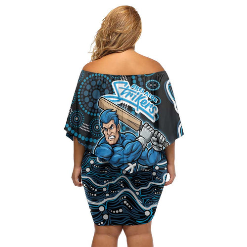 Adelaide Strikers Cricket Mascot Off Shoulder Short Dress Aboriginal Dot Art Blue And Black Tribal Pattern
