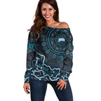 Adelaide Strikers Cricket Mascot Off Shoulder Sweater Aboriginal Dot Art Blue And Black Tribal Pattern