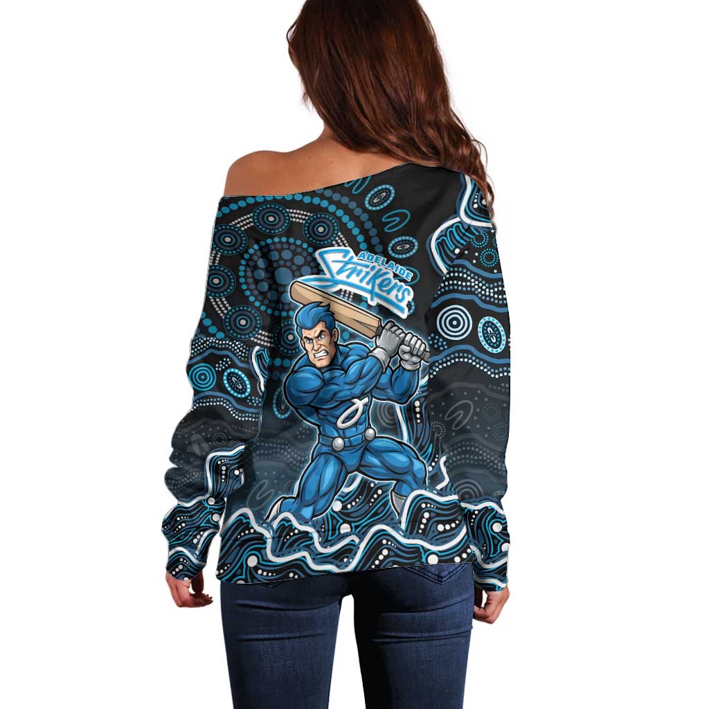 Adelaide Strikers Cricket Mascot Off Shoulder Sweater Aboriginal Dot Art Blue And Black Tribal Pattern