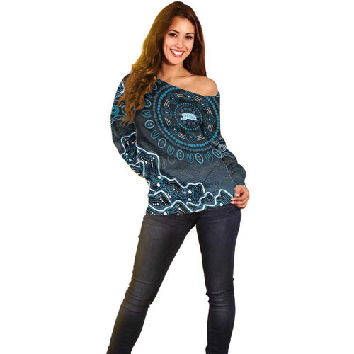 Adelaide Strikers Cricket Mascot Off Shoulder Sweater Aboriginal Dot Art Blue And Black Tribal Pattern