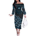 Adelaide Strikers Cricket Mascot Off The Shoulder Long Sleeve Dress Aboriginal Dot Art Blue And Black Tribal Pattern
