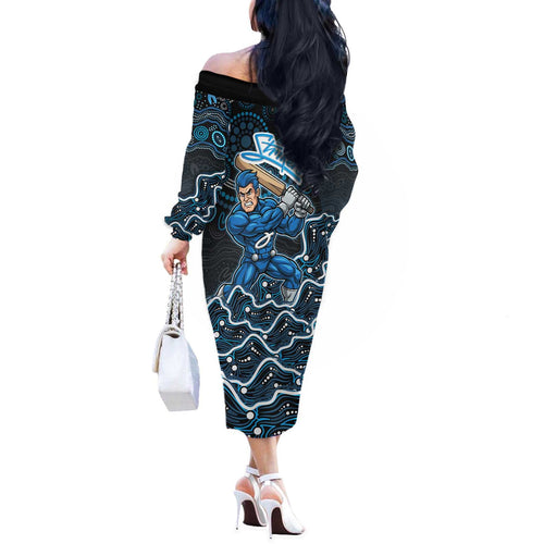 Adelaide Strikers Cricket Mascot Off The Shoulder Long Sleeve Dress Aboriginal Dot Art Blue And Black Tribal Pattern