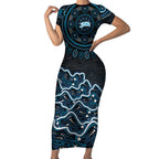 Adelaide Strikers Cricket Mascot Short Sleeve Bodycon Dress Aboriginal Dot Art Blue And Black Tribal Pattern