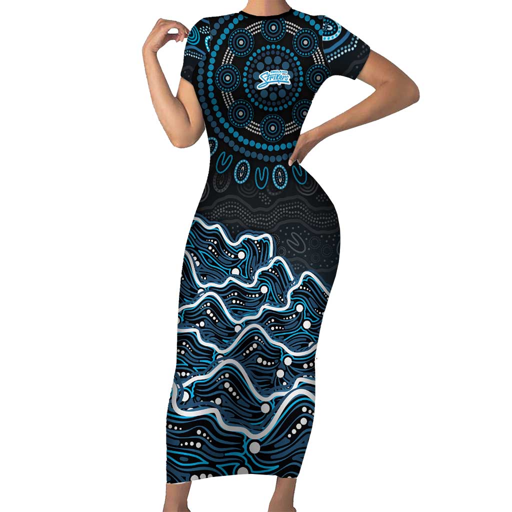 Adelaide Strikers Cricket Mascot Short Sleeve Bodycon Dress Aboriginal Dot Art Blue And Black Tribal Pattern