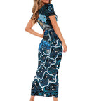 Adelaide Strikers Cricket Mascot Short Sleeve Bodycon Dress Aboriginal Dot Art Blue And Black Tribal Pattern