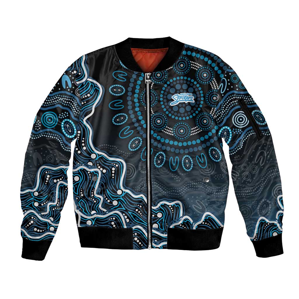 Adelaide Strikers Cricket Mascot Sleeve Zip Bomber Jacket Aboriginal Dot Art Blue And Black Tribal Pattern