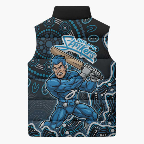 Adelaide Strikers Cricket Mascot Sleeveless Puffer Jacket Aboriginal Dot Art Blue And Black Tribal Pattern