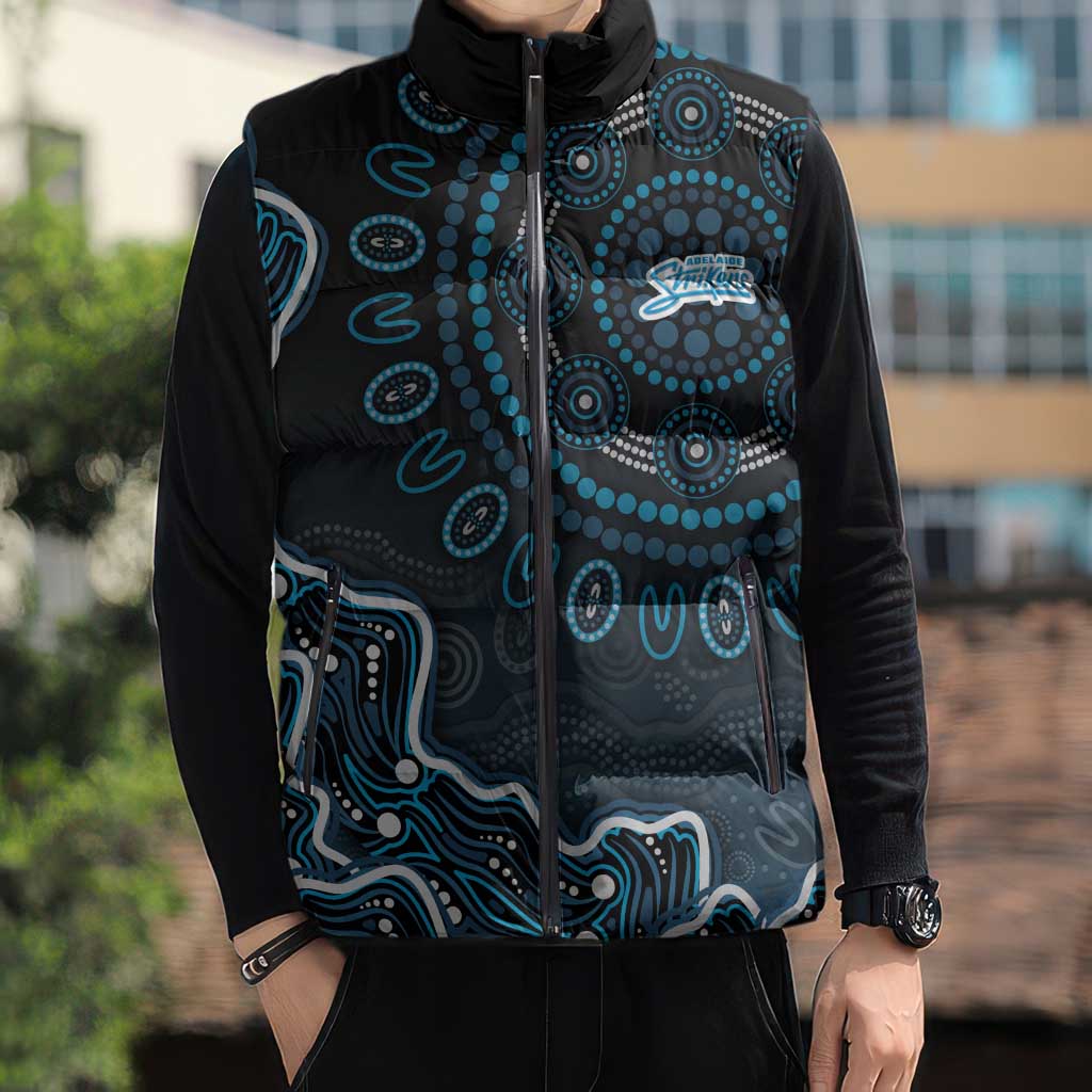 Adelaide Strikers Cricket Mascot Sleeveless Puffer Jacket Aboriginal Dot Art Blue And Black Tribal Pattern