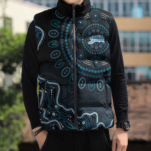 Adelaide Strikers Cricket Mascot Sleeveless Puffer Jacket Aboriginal Dot Art Blue And Black Tribal Pattern