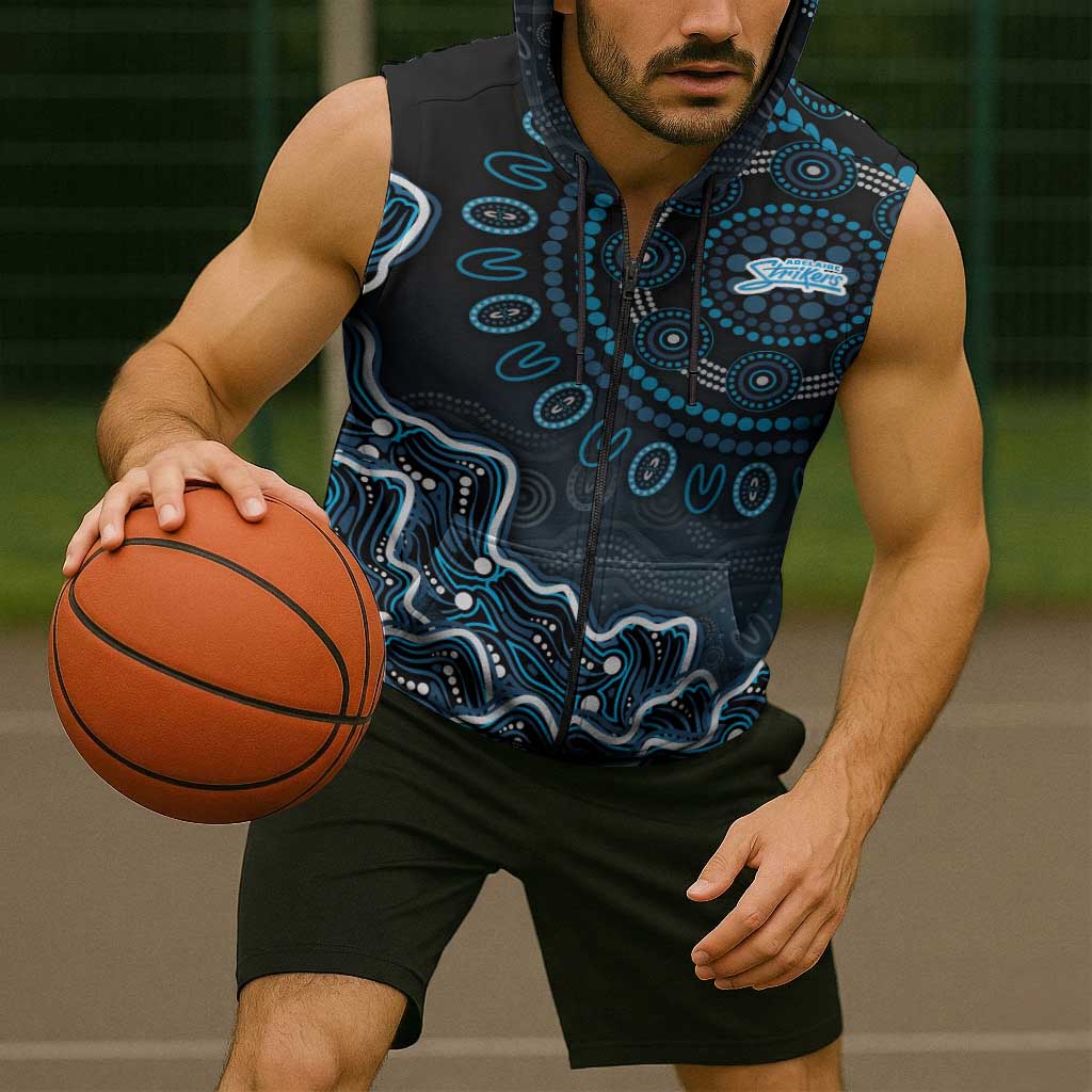 Adelaide Strikers Cricket Mascot Sleeveless Zip Hoodie Aboriginal Dot Art Blue And Black Tribal Pattern