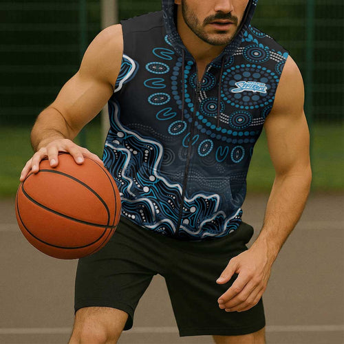 Adelaide Strikers Cricket Mascot Sleeveless Zip Hoodie Aboriginal Dot Art Blue And Black Tribal Pattern