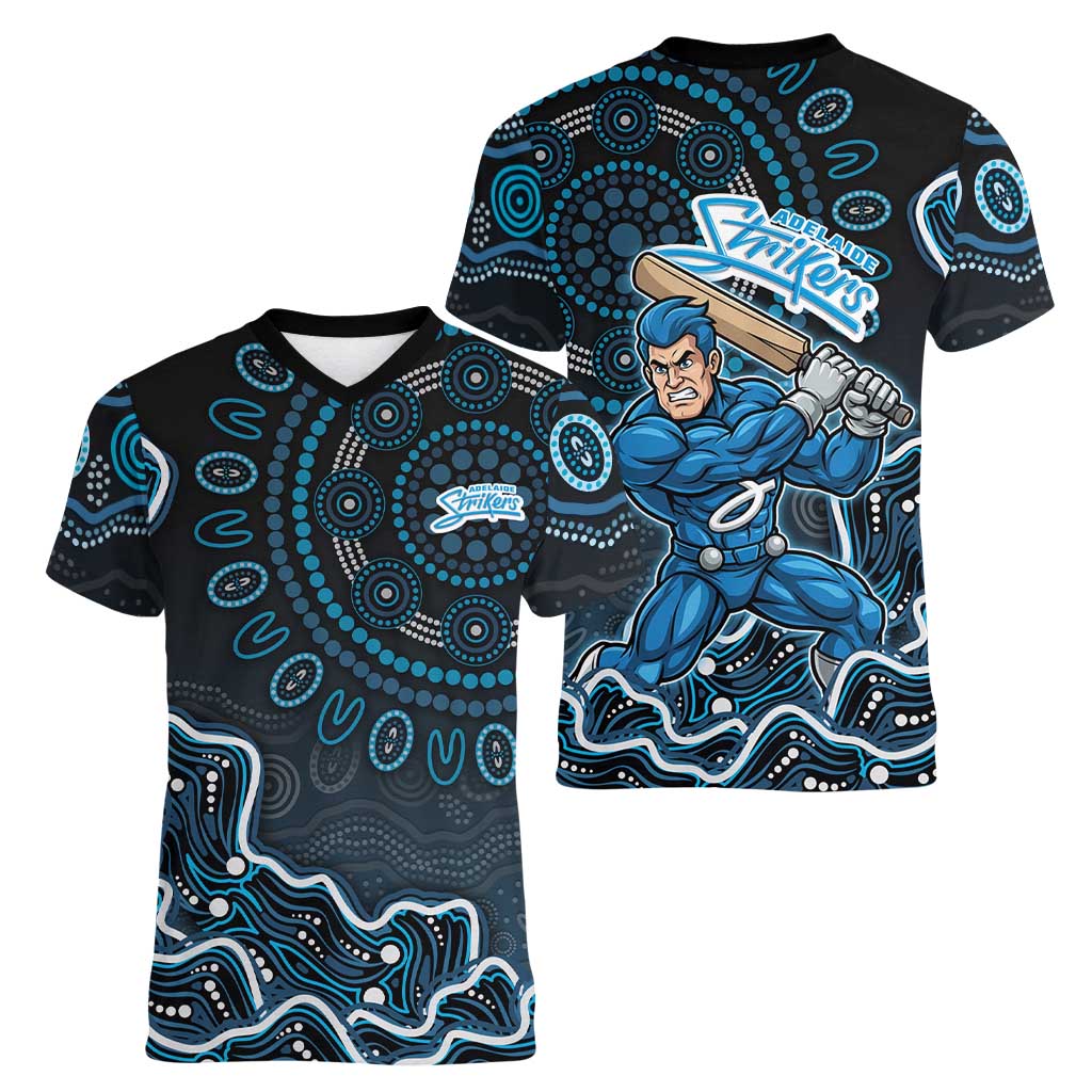 Adelaide Strikers Cricket Mascot Women V-Neck T-Shirt Aboriginal Dot Art Blue And Black Tribal Pattern