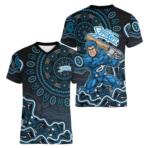 Adelaide Strikers Cricket Mascot Women V-Neck T-Shirt Aboriginal Dot Art Blue And Black Tribal Pattern