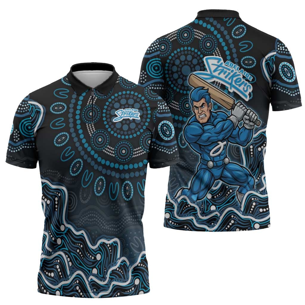 Adelaide Strikers Cricket Mascot Zipper Polo Shirt Aboriginal Dot Art Blue And Black Tribal Pattern